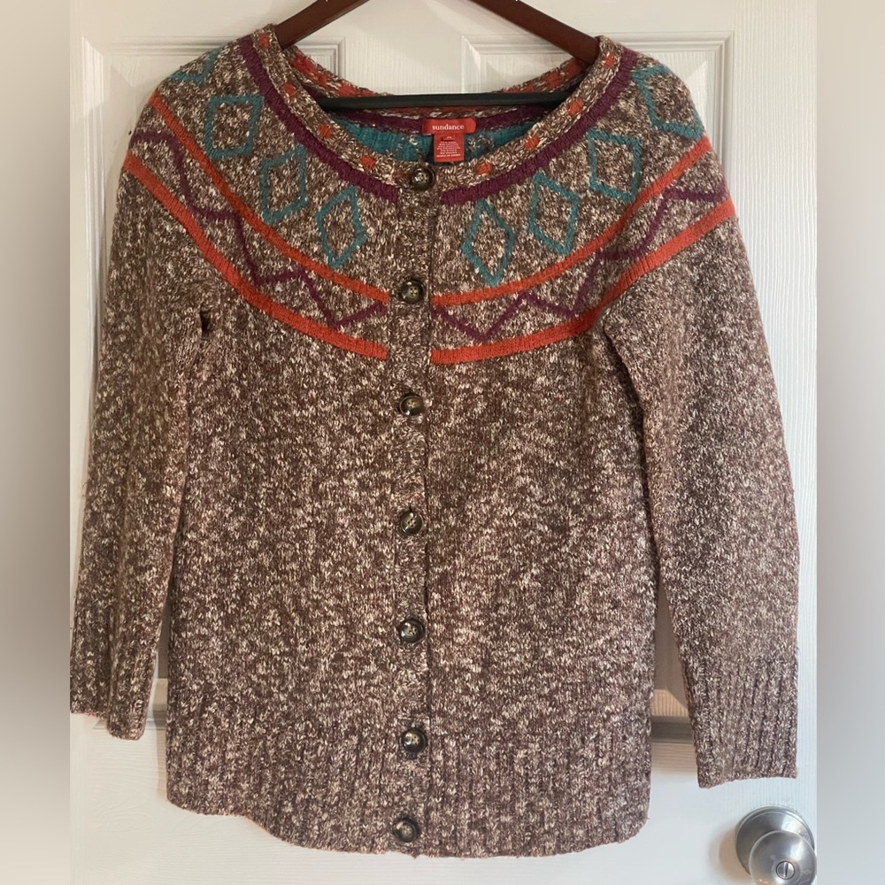Sundance Brown and Teal Patterned Wool Cardigan Size Medium